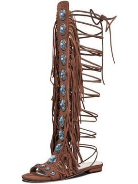 Boho Fringe Gladiator Sandals with Turquoise Studs | Knee-High Lace-Up Summer